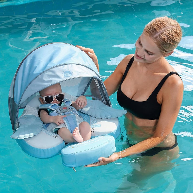 AnjeeIOT Mambobaby Float with Canopy Baby Float Non-Inflatable Baby Pool Float Solid Swimming Float Upgraded Add Tail Never Flip Over for Infant 3-24 Months, Angel Blue - Image 3